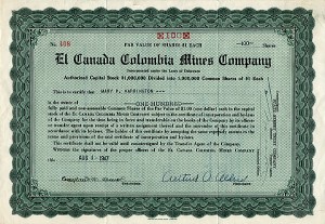El Canada Colombia Mines Co. - Stock Certificate